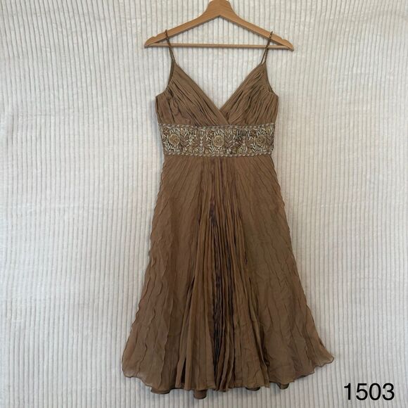 Carmen Marc Valvo 100% Silk Embellished Straps Pleated Dress Tan Size 0 - Picture 1 of 16